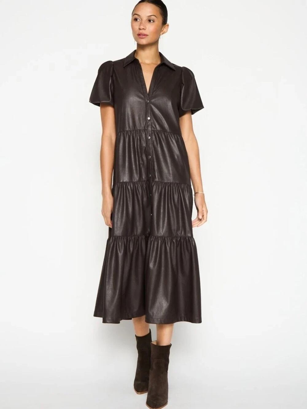 Brochu Walker The Havana Vegan Leather Dress in Timber Brown size L large